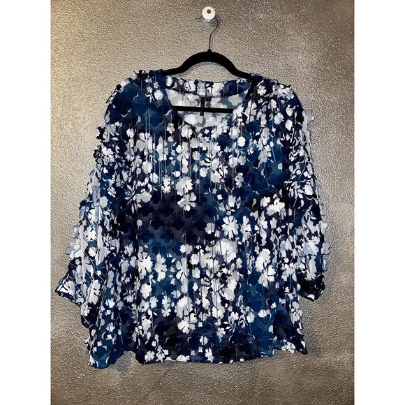 By JJ Office Business Casual Romcom Appliqué 3D Floral Shear 3/4 Sleeve Top - Picture 1 of 9